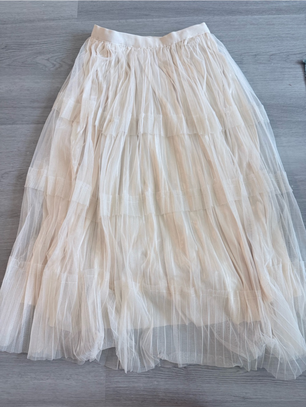 Sheer Pleated Maxi Skirt in Light Beige, size medium